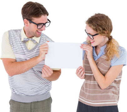 Geeky hipster couple holding poster