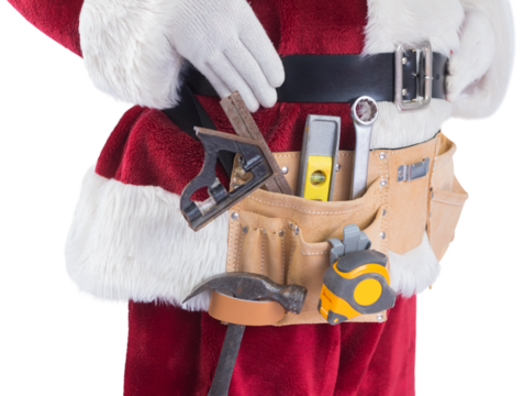Father Christmas is wearing a tool belt