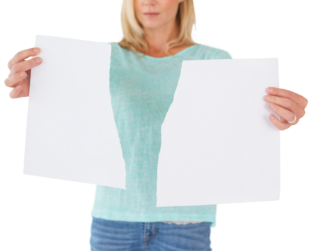 Serious woman holding torn sheet of paper - Powered by Adobe