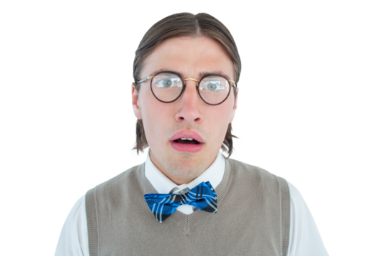 Geeky hipster looking surprised at camera 