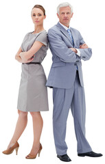 Fototapeta premium Serious businessman standing back to back with a woman 