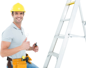 Technician with tools showing thumbs up by step ladder