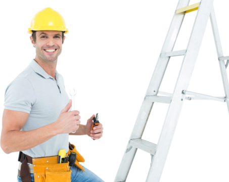 Technician with tools showing thumbs up by step ladder