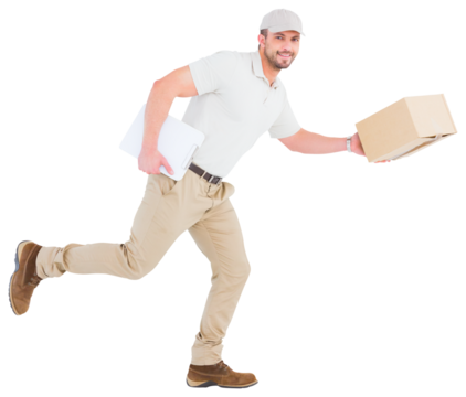 Delivery man with cardboard boxes running 