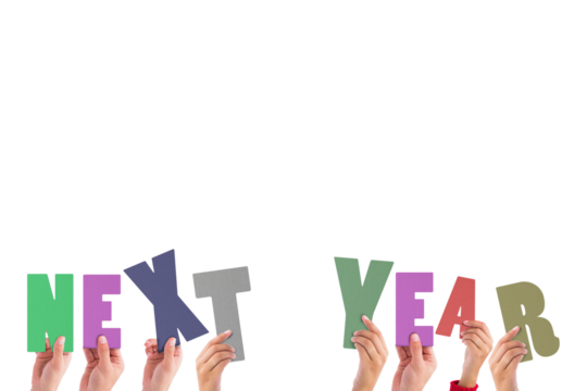 Cropped hands holding colorful words next year - Powered by Adobe