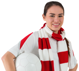 Smiling football fan in white holding ball
