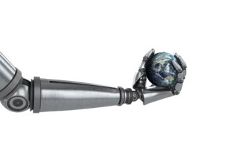 Foto op Plexiglas Illustration of chrome robotic hand with globe © vectorfusionart