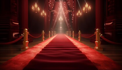 Red Carpet Bollywood Stage, Maroon Steps Spot Light Backdrop of the Golden Regal Awards. Generative ai