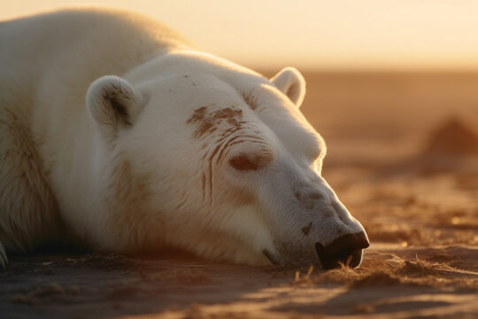 The last breath of a polar bear in the desert: an image that denounces climate change,A polar bear dies in the desert, Generative AI