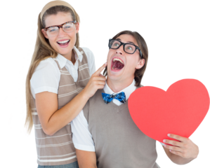 Excited geeky hipster and his girlfriend