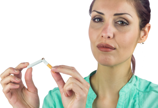 Close-up portrait of woman breaking cigarette 