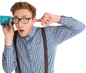 Geeky businessman eavesdropping with cup