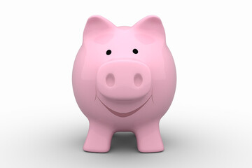 Smiling pink piggy bank on white background