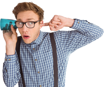 Geeky businessman eavesdropping with cup