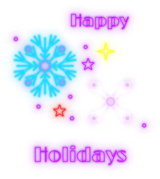Digitally generated image of neon happy holidays text with snowflake icons against black background