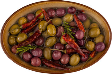 Olives with oil and chili pepper in bowl
