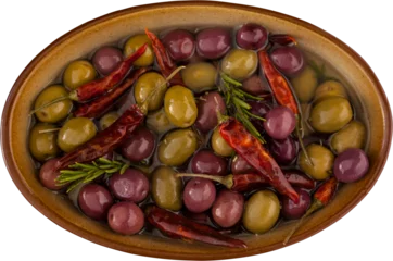 Plexiglas foto achterwand Olives with oil and chili pepper in bowl © vectorfusionart