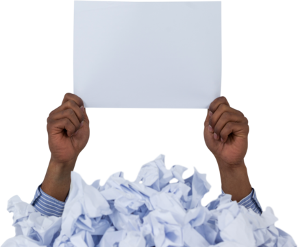 Heap of crumpled paper with hand holding blank page - Powered by Adobe