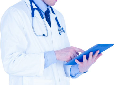 Male doctor using digital tablet on white background - Powered by Adobe