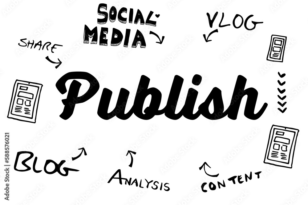 Poster publish text surrounded by various icons