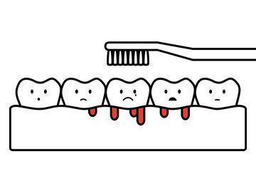 gingivitis or scurvy, brushing teeth with bleeding on gum and tooth - dental cartoon vector outline flat style