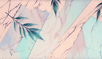Background with marble pattern in pastel colors with tropical leaves. Created with Generative AI.
