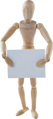 3d image of Wooden figurine holding blank placard