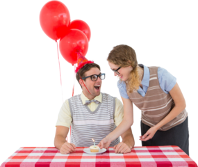 Geeky hipster couple celebrating his birthday