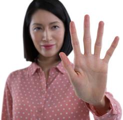 Woman pretending to touch an invisible screen