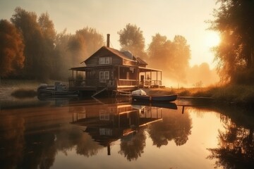 Obraz premium morning on the river made with generative ai
