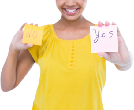 Midsection of woman holding yes no signs