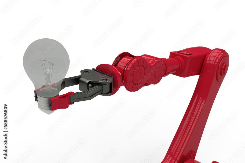 Poster digital composite image of red robotic arm holding light bulb