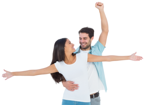 Happy casual couple cheering together - Powered by Adobe