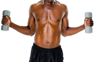 Mid section of fit shirtless man lifting dumbbells