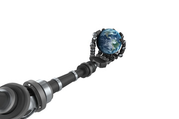 Black robotic hand with planet