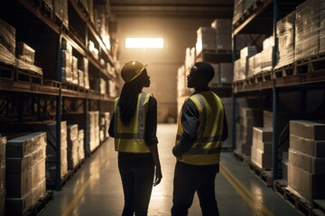 A working day in the warehouse, two coworkers working together