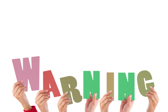 Cropped hands holding colorful alphabets forming warning - Powered by Adobe