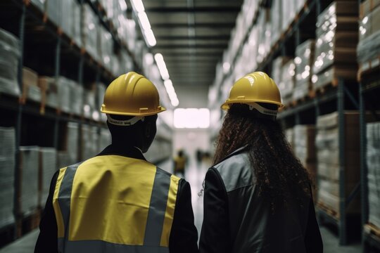 A working day in the warehouse, two coworkers working together