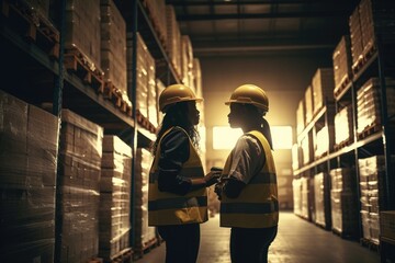 Fototapeta premium A working day in the warehouse, two coworkers working together