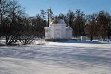 The pavilion of the Turkish Bath on the shore of a Large pond in the Catherine Park of Tsarskoye...