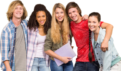 Cheerful college students in library