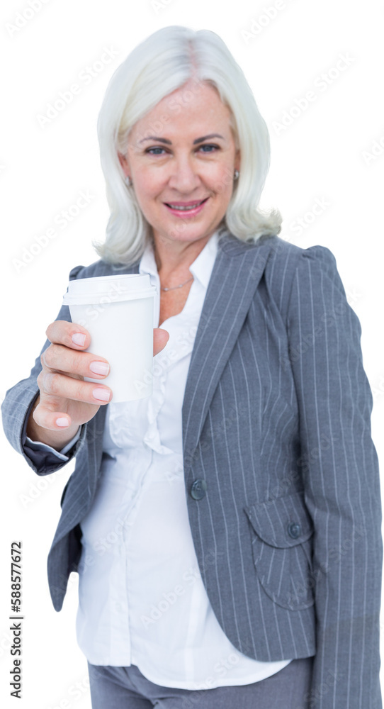 Sticker Portrait of smiling businesswoman holding disposable coffee cup