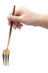 isolated of a woman's hand holding a golden fork.