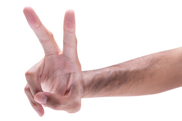 Male hand show finger number two isolated on white background.