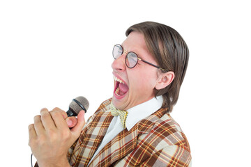 Happy geeky hipster singing with microphone 
