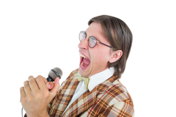 Happy geeky hipster singing with microphone 