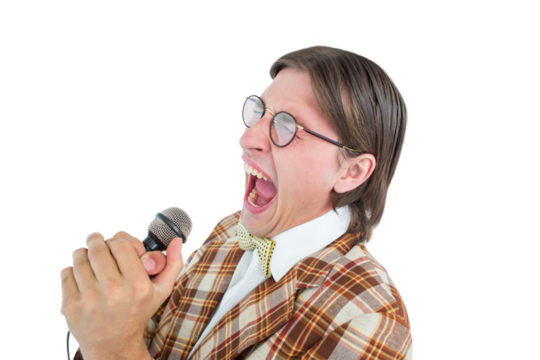 Happy geeky hipster singing with microphone - Powered by Adobe