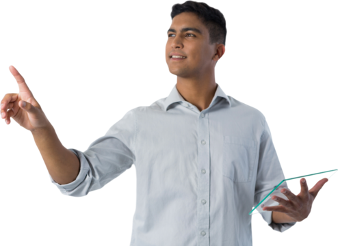 Man pretending to touch invisible screen