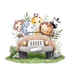 Watercolor Illustration cute baby animals riding brown safari jeep - obrazy, fototapety, plakaty