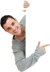 Smiling young male pointing around the corner